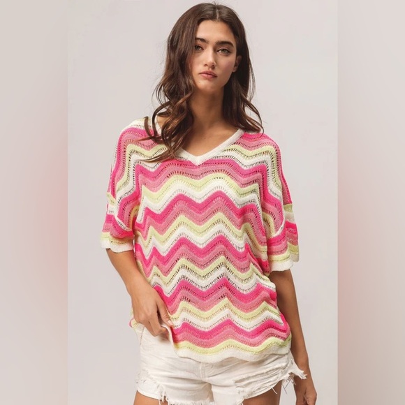 BiBi Pink Pointelle Slouchy Beachy Short Sleeve Knit Top Size Small - Picture 1 of 7